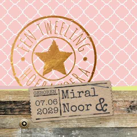 Meisjes tweeling geboortekaartje roze en hout look