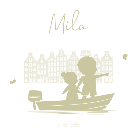 Geboortekaartje meisje op boot met broer door de grachten stad silhouet