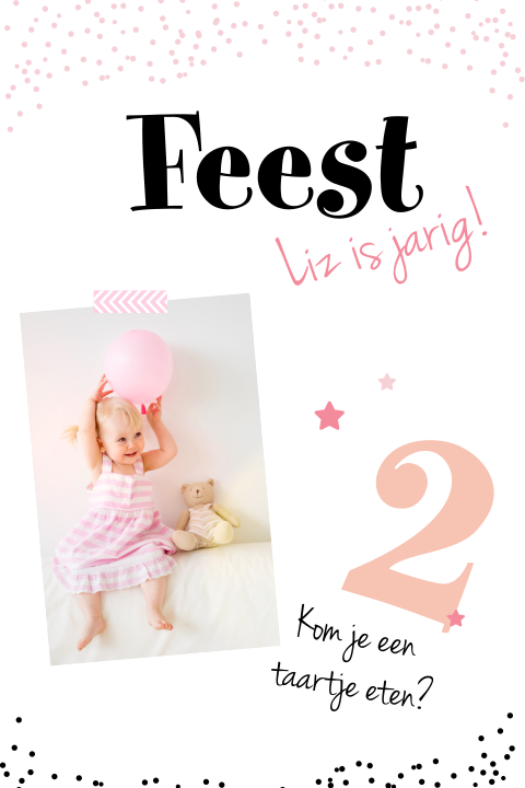 Uitnodiging kinderfeestje met foto en roze confetti