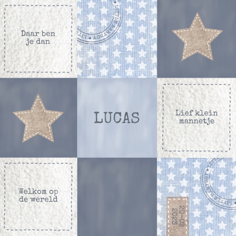 Lief geboortekaartje jongen met vakken en sterren