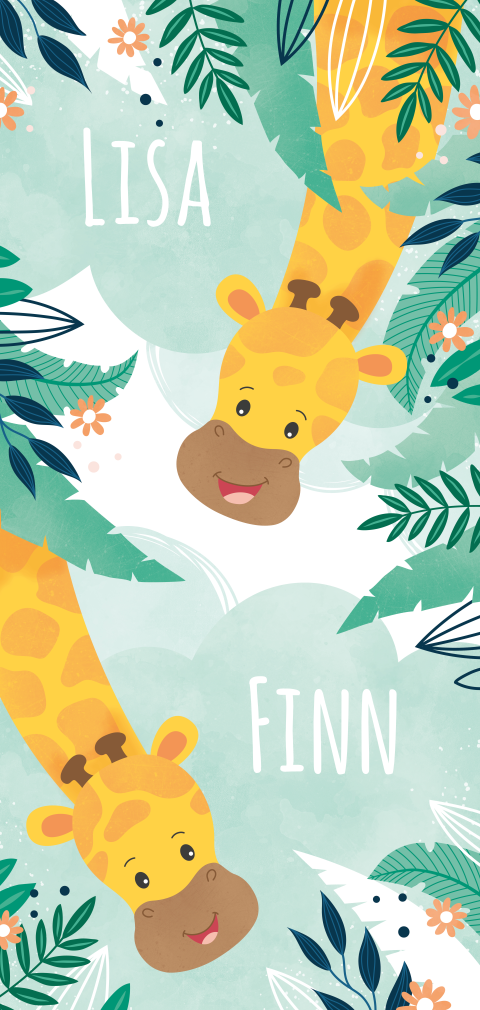 Mint groen geboortekaartje tweeling jungle met giraffen