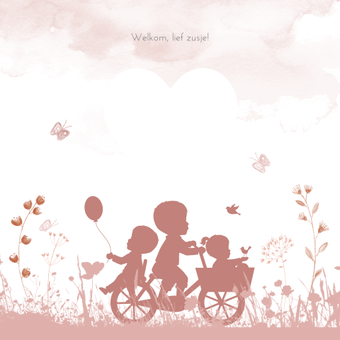 Geboortekaartje meisje doorkijkje en silhouet drie kindjes in bakfiets