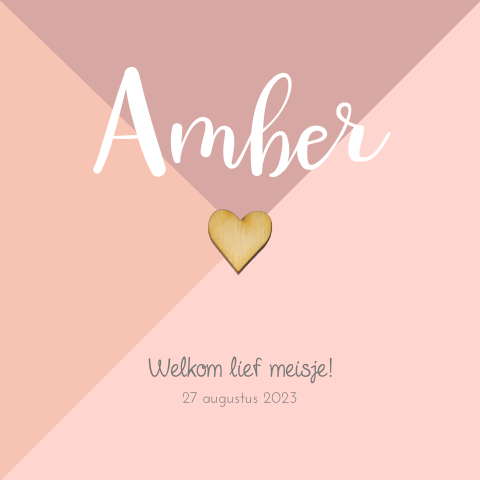 Hip geboortekaartje meisje geometrisch met echt houten hartje
