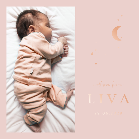 Geboortekaartje meisje met maantje in foliedruk