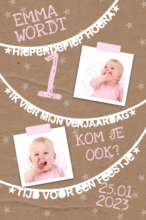 Vrolijke uitnodiging eerste verjaardag met letterslinger