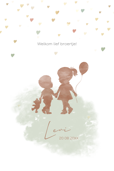 Lief waterverf geboortekaartje voor een jongetje met grote zus