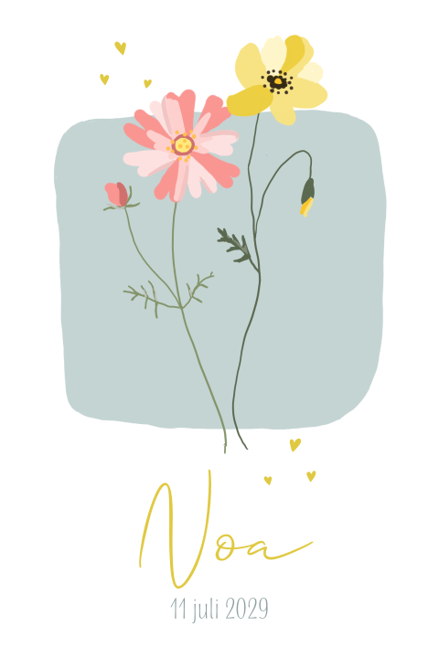 Geboortekaartje meisje bloemen in roze en geel