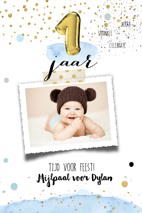 Hippe uitnodiging jongen 1ste verjaardag folie ballon