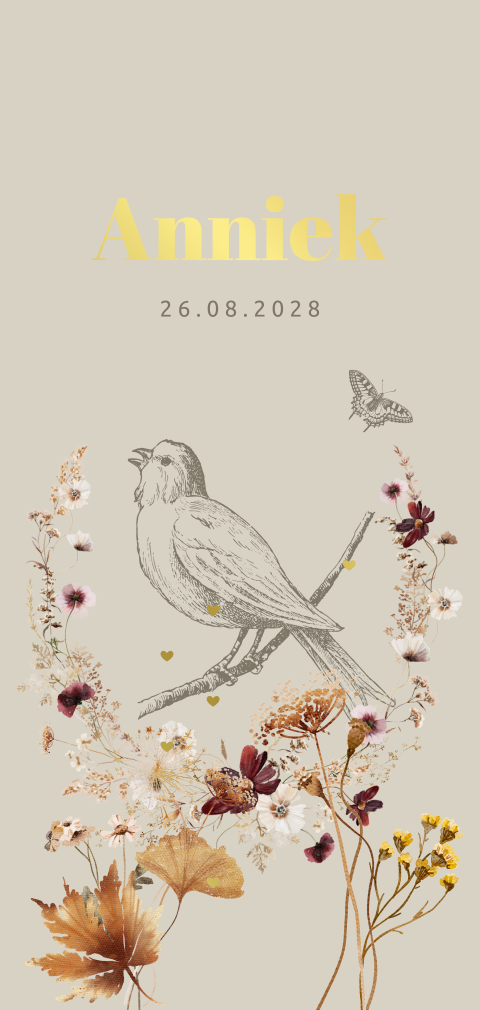 Meisjes geboortekaartje met bloemen en vogel