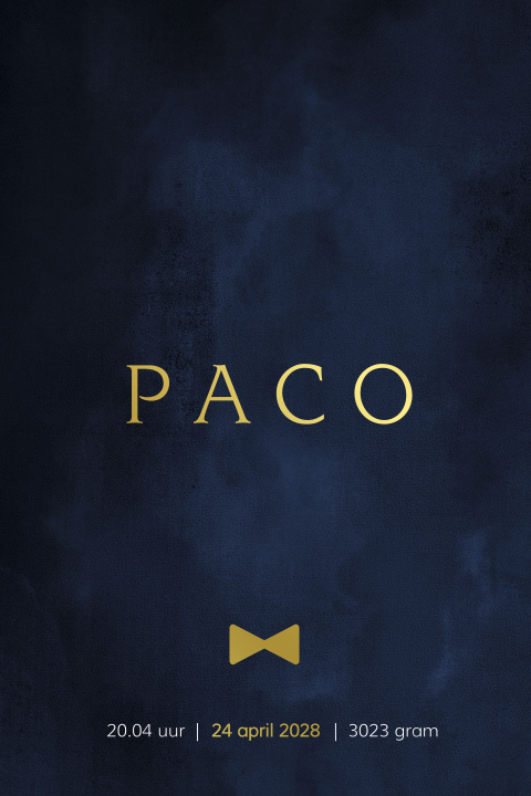 Stoer foliedruk geboortekaartje jongen blauw met strik