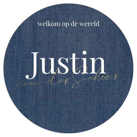 Rond geboortekaartje jeansblauw met achternaam in goud foliedruk