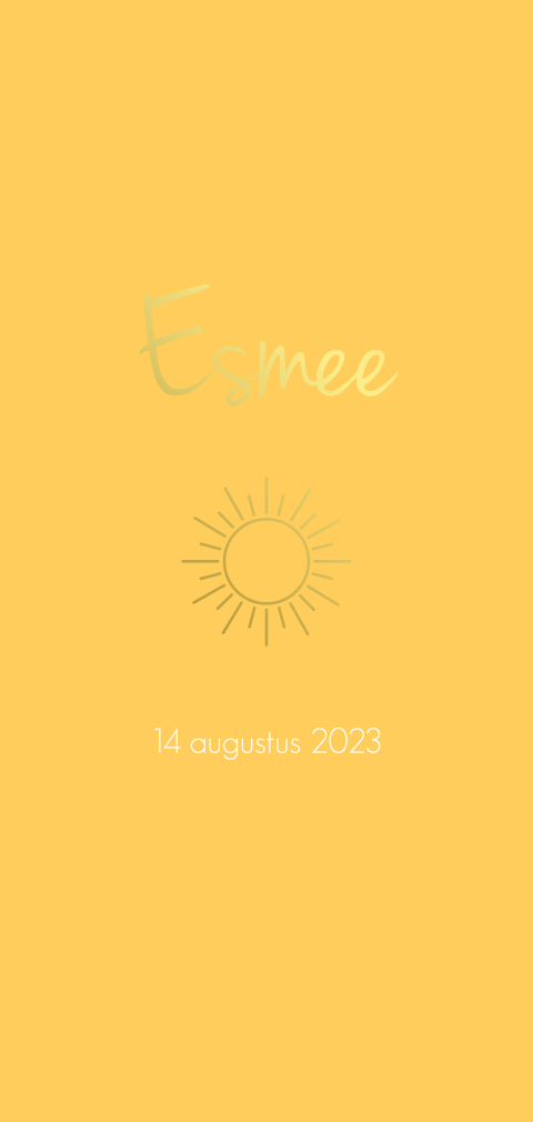 Minimalistisch geboortekaartje met zon en goudfolie voor een meisje