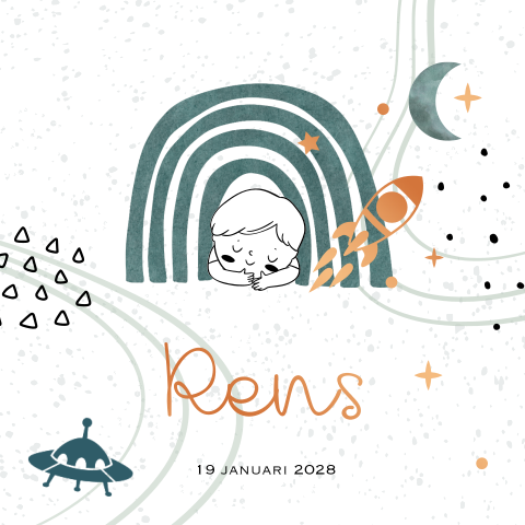 Geboortekaartje jongen met regenboog en raket