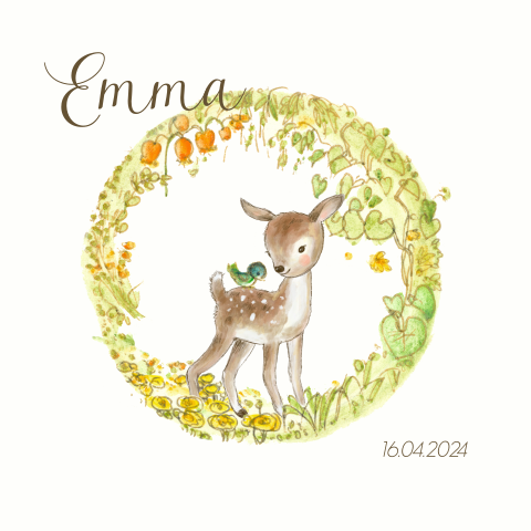 Lief geboortekaartje meisje met hertje in bloemenkrans