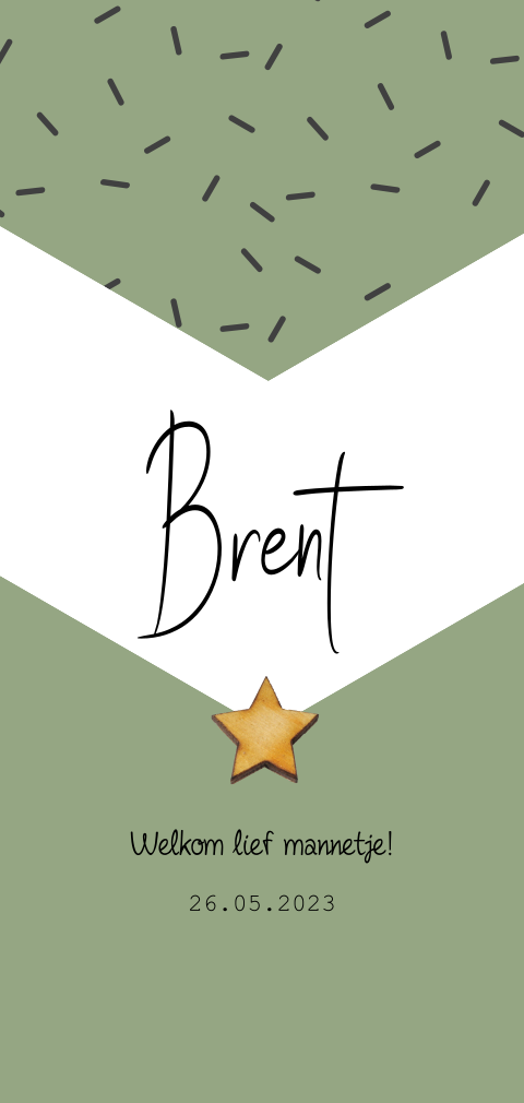 Hip geboortekaartje jongen langwerpig met echt houten sterretje