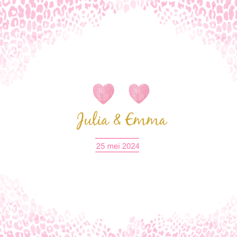 Geboortekaartje meisjes tweeling  panterprint hartje