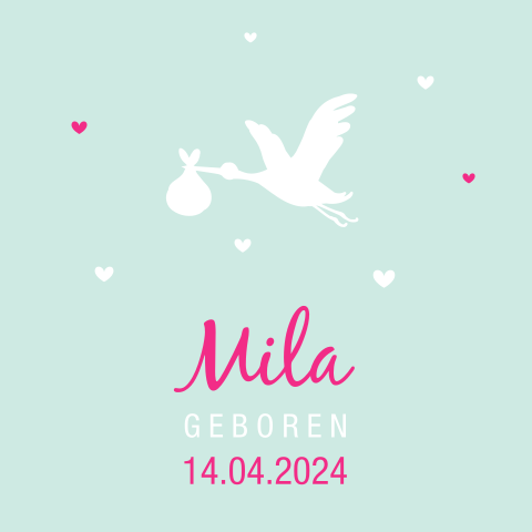 Gaaf geboortekaartje - Ooievaar op mintgroen