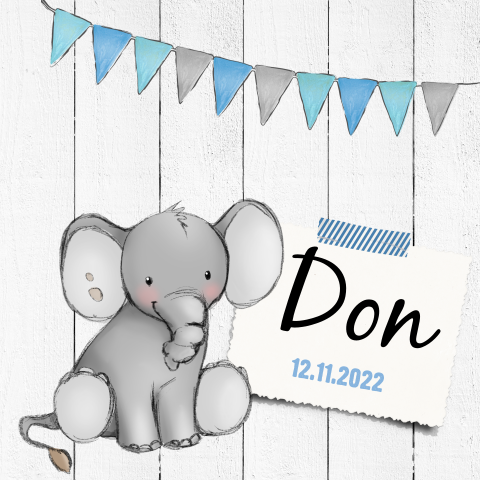 Lief geboortekaartje met olifant en hout voor jongen