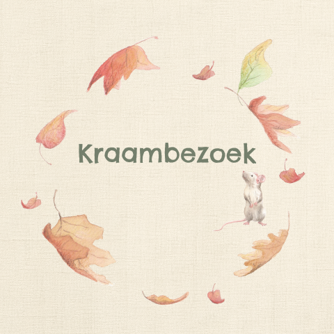 Beige kraamborrelkaartje met blaadjes en een muisje