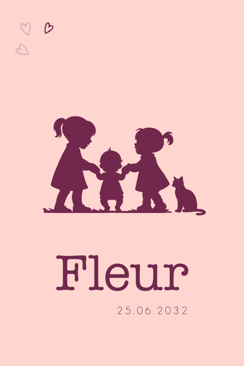 Geboortekaartje roze zussen leren zusje lopen silhouet met kat 