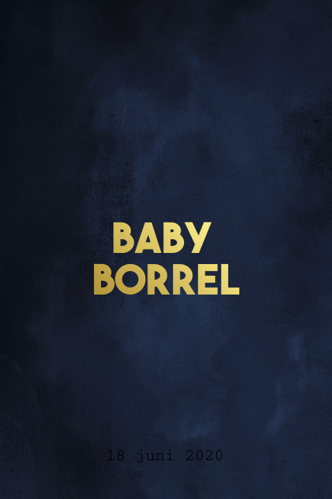 Stoere uitnodiging baby borrel blauw met foliedruk