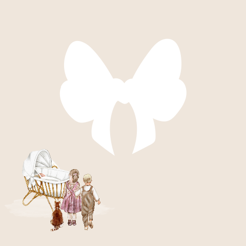 Geboortekaartje meisje met wiegje, zusje en broertje met open strik