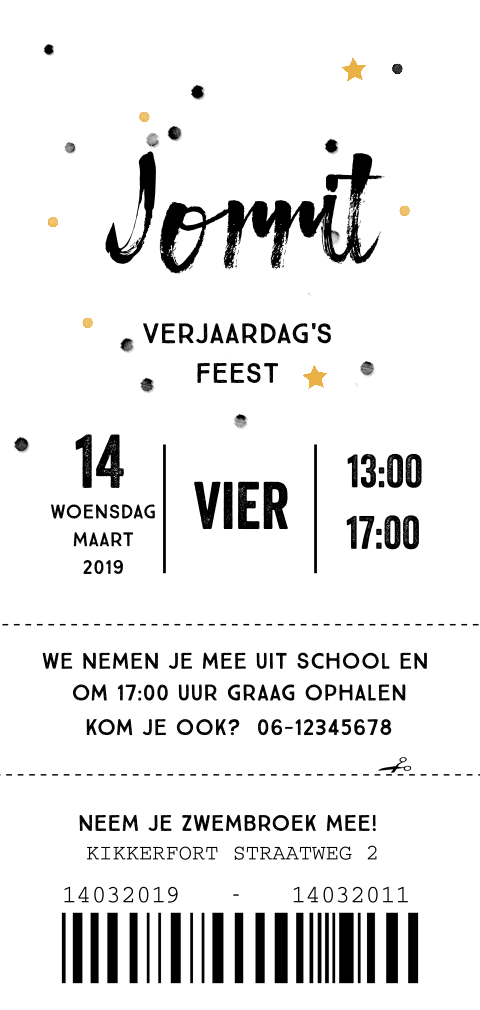 Uitnodiging kinderfeestje in ticket stijl zwart wit