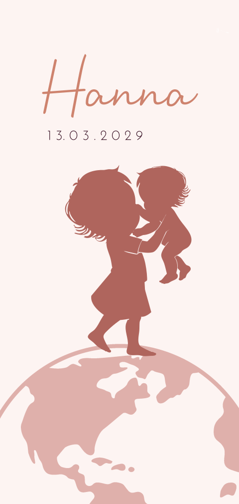 Geboortekaartje zus en zusje op de wereldbol in silhouet