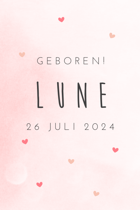 Hip geboortekaartje met hartjes voor een meisje roze
