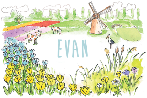 Een Hollands geboortekaartje met tulpen, een molen, koeien