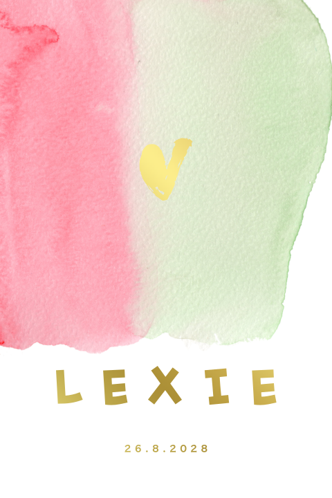 Modern aquarel geboortekaartje meisje met roze en groen