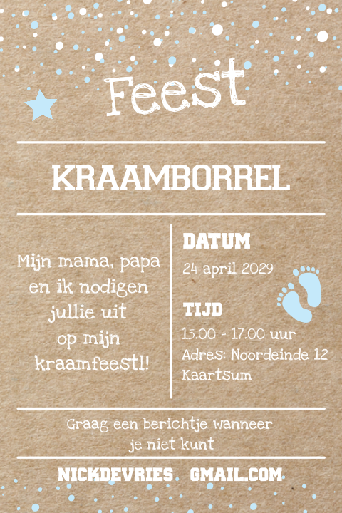 Kraam feest kaartje kraft look blauwe baby voetjes