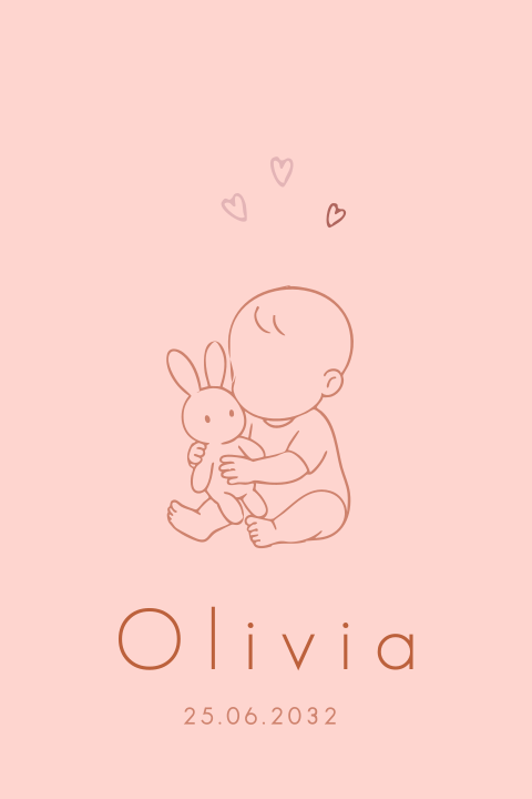 Geboortekaartje baby lijntekening silhouet knuffel konijn