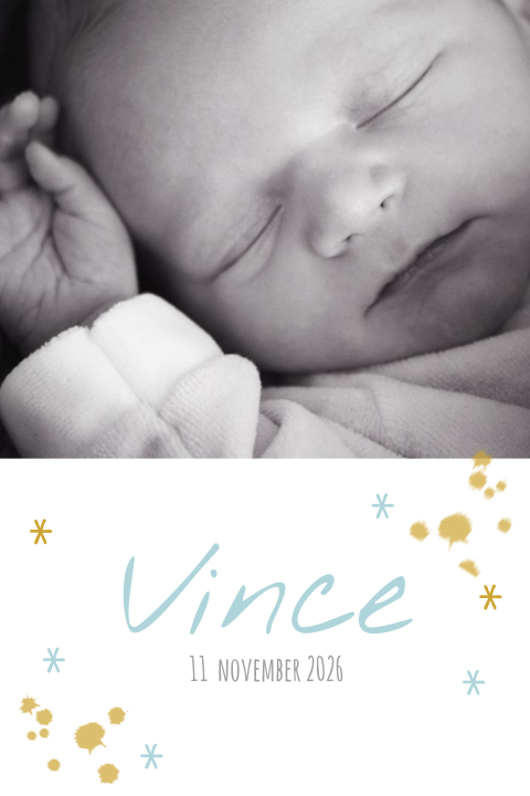 Geboortekaartje jongen met foto spetters sterren