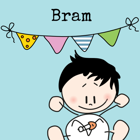 Grappig geboortekaartje met poppetje en vlaggetjes