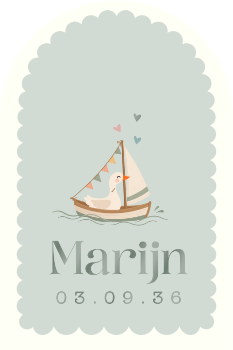 Lief geboortekaartje met gans in een zeilbootje