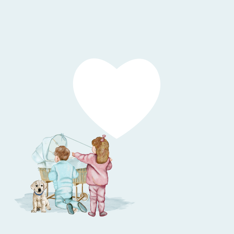 Lief blauw-groen geboortekaartje voor een jongen met zusje, broertje en hondje
