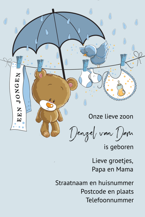 Geboortekaartje jongen met beertje aan waslijn