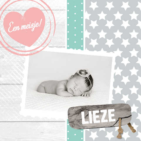 Sterren geboortekaartje voor meisje met stempel van hart