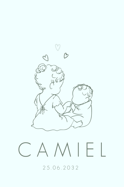 Geboortekaartje lijntekening zus en baby broertje klassiek