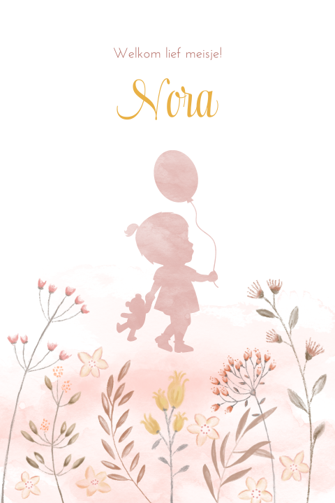 Schattig geboortekaartje meisje waterverf silhouet en veldbloemen