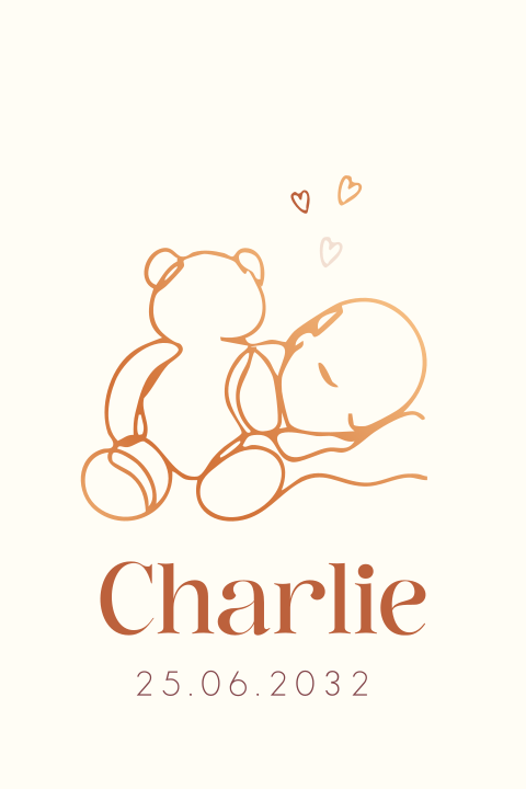 Schattig geboortekaartje met slapende baby en koperfolie