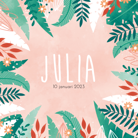 Roze geboortekaartje jungle bladeren