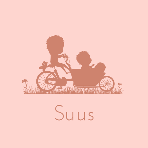 Geboortekaartje bakfiets met broertjes en zusje silhouet 3e kindje