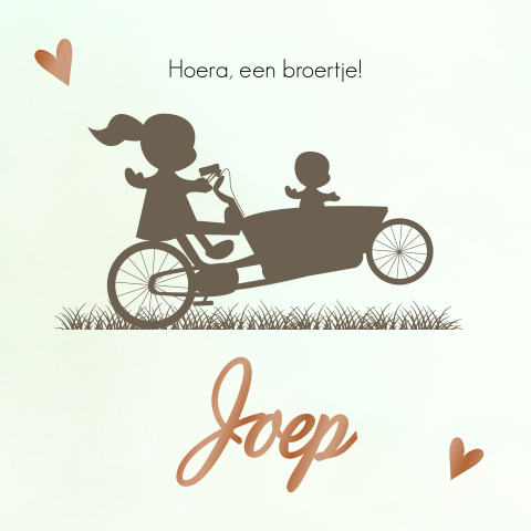 Geboortekaartje silhouet zus met broertje bakfiets koper hoogglans