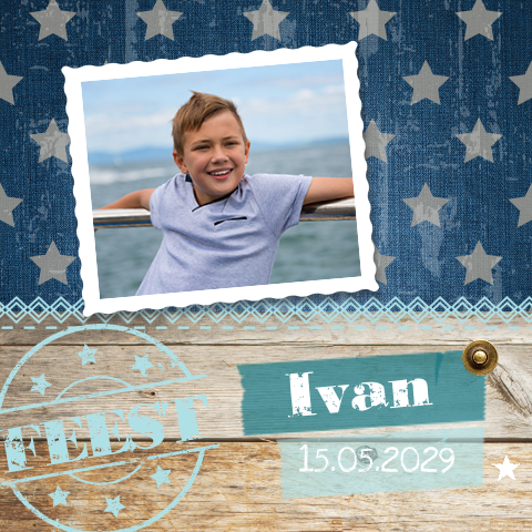 Stoere uitnodiging verjaardag jongen met jeans patroon