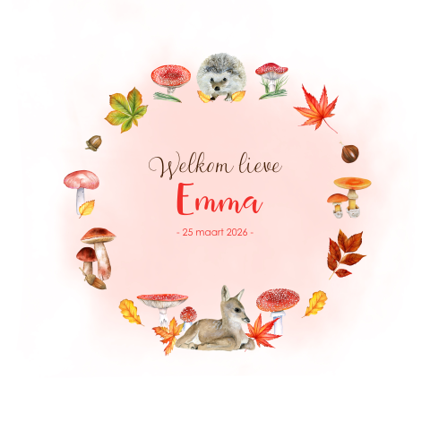 Lief geboortekaartje meisje met hert en bosdieren