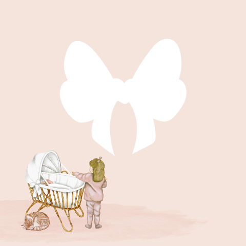 Lief geboortekaartje in stans-vorm met strik, een wiegje, kat en zus.