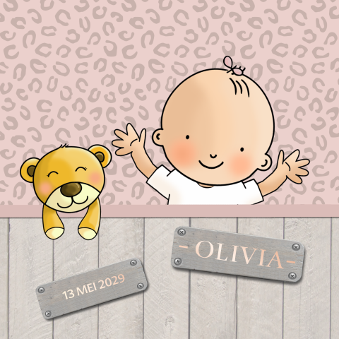 Geboortekaartje baby meisje met sloophout tijgerprint foliedruk
