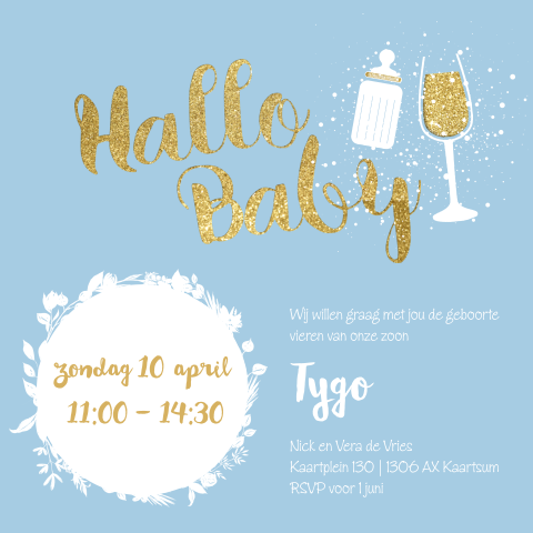 Kraam feest kaartje blauw met goud look letters